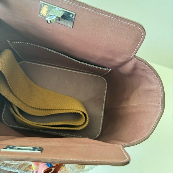 LEATHER INSIDE & OUT | Gold Brown Toolbox Bag Convertible Top Handle Satchel - Picture 9 of 13